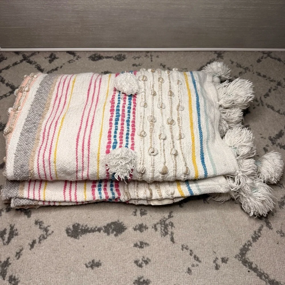 Boho Woven Tassels Fringe Pink Multi Stripe Chunky Throw Blanket